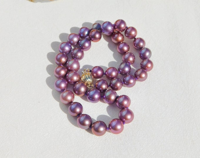 18.25 Inches Intense Plum Freshwater Pearl Necklace | Round | AAA+ | Mauve | Purple | Plum | Pink | Solid 9kt Gold Clasp | Freshwater Pearl