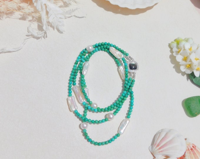 Two Strand Turquoise Freshwater Pearl Necklace | Baroque Pearl | Green Turquoise | Sterling Silver | Shades of Green & Blue | 20 Inches