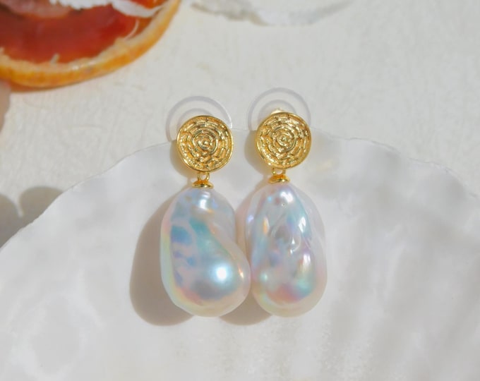 Vermeil Large Baroque Pearl Earrings | 15*23mm | Gold Discs | AAA+ | Gold plated Sterling Silver | Statement Earrings | Fireball Pearls