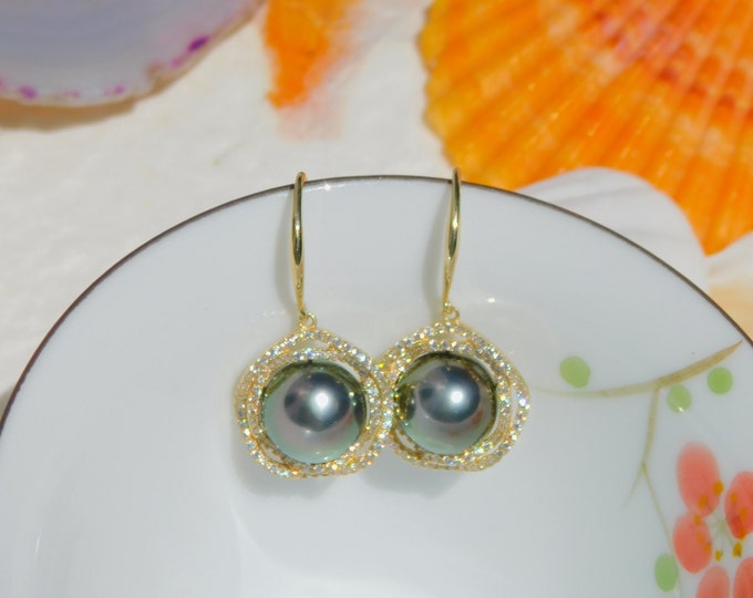 9.5mm Black Green Tahitian Pearl Earrings | AAA | South Sea Pearl | Saltwater Pearls | Yellow Gold Plated Over Silver with CZ | Black Pearls