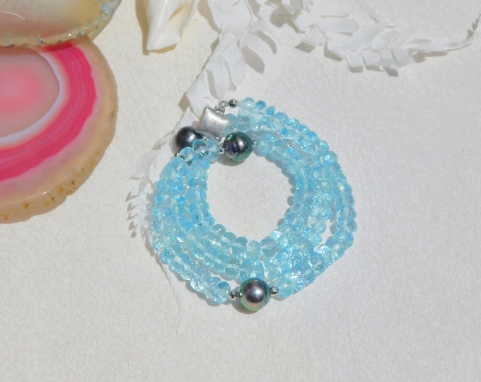Ice Blue Topaz and Tahitian Pearls Necklace | AAA | Vivid Green | Peacock | Black Pearl | Gemstone and Pearl | Solid 14kt/18kt White Gold