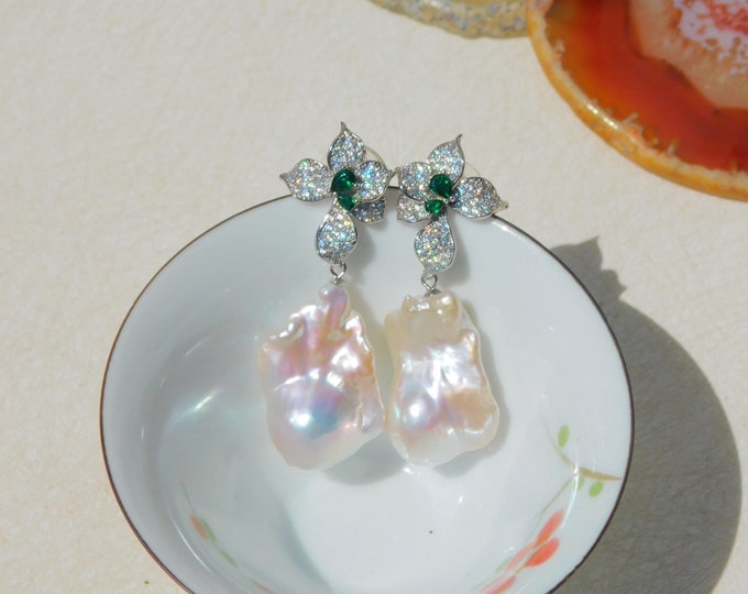 Large Baroque Pearl Cluster Flower Earrings | Bold Design | White Gold Plated Sterling Silver | Fireball Pearls | White with Rainbow