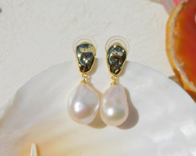 Vermeil Baroque Pearl Earrings | 12*16mm | AAA+ | Gold plated Sterling Silver | Statement Earrings | Small Fireball Pearls | Drop Earrings