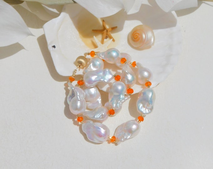 Large Baroque Freshwater Pearl and Fire Opal Necklace | White | Bright Orange | Very High Luster | AAA+ | Solid 14kt/18kt Gold | 18.5 Inches