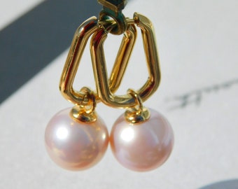 Versatile 11.8mm Freshwater Pearl Earrings | Hoop Earrings |  Vermeil Hoops | Pale Pink | AAA | Round | Multi-purpose Earrings/ Pendant