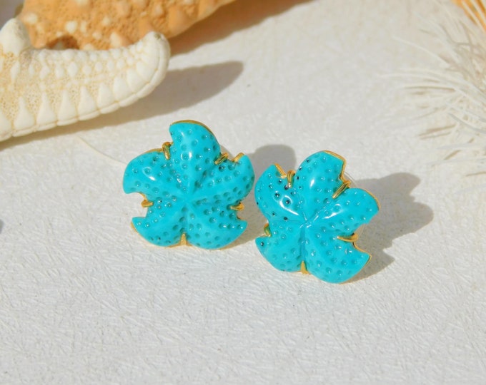 Sleeping Beauty Turquoise Realistic Starfish Studs | 16-17mm | Solid 18kt Gold | Authentic Intense Blue Turquoise | Au750 | Gemstone Studs