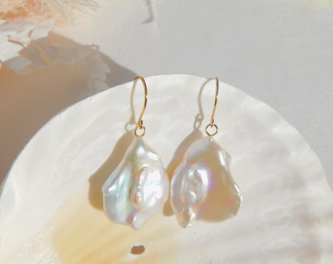 Huge Baroque Freshwater Pearl Earrings | Large Pearl Earrings | 23mm * 33mm | Solid 18kt Yellow Gold | Light Weight | White with Pink