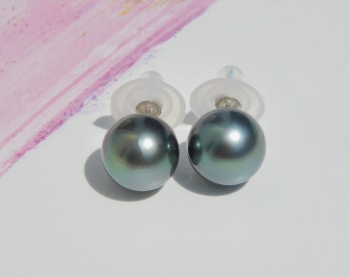 11.6mm Tahitian Pearl Studs | Deep Blue Green | AA+ | Solid 18kt White Gold Studs | South Sea Pearl | Saltwater Pearls | Black Pearl Studs