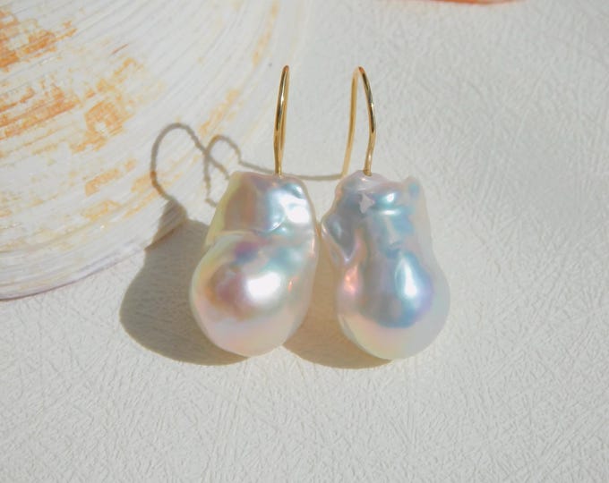 Large Baroque Pearl Earrings | Solid 18k Yellow Gold | Chinese Freshwater Pearls | AAA | Fireballs | Big Pearls | 15mm*23mm | White