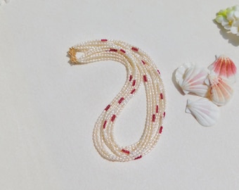 Eight Strands Petite Keshi Pearl Necklace | Pigeon Blood Ruby Stone | Solid 14kt Gold Clasp |  Gemstone and Pearls | AAA+ | 16.5'' | Red