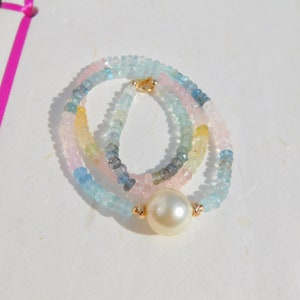 Aquamarine and Morganite with South Sea Pearl Necklace 13mm Solid 18kt/14kt Yellow Gold Saltwater Pearl AAA Gemstone and Pearl image 1