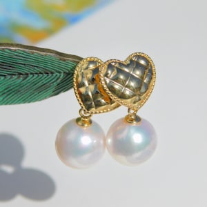 Vermeil Heart Akoya Pearl Earrings | 9.5mm | AAA | White with Pink Overtone | Near Round | Saltwater Pearls | Japanese Pearl Earrings