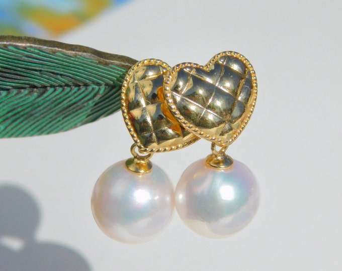 Vermeil Heart Akoya Pearl Earrings | 9.5mm | AAA | White with Pink Overtone | Near Round | Saltwater Pearls | Japanese Pearl Earrings