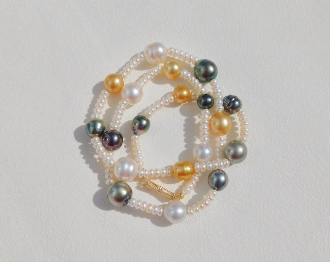 Freshwater and South Sea Pearl Necklace | AAA | Multi-color South Sea Pearls | Peacock | Golden | Solid 14kt Yellow Gold | 21 Inches