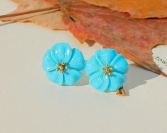 Sleeping Beauty Turquoise Flower Studs | 14mm | Solid 18kt Gold | Authentic Intense Blue Turquoise | Au750 | Gemstone | Baby Blue Eyes