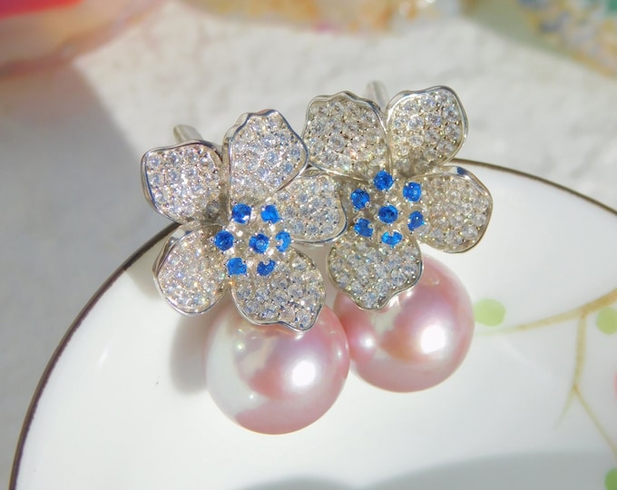 Cluster Flower Pearl Earrings | 12.2mm | CZ Cherry Blossom | Light Purple Red | AAA | Drop Earrings | Freshwater Pearl | Silver