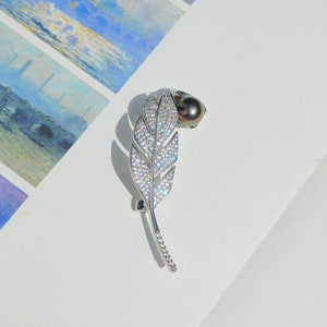 Tahitian Pearl Feather Brooch | Peacock | 10.3mm | AAA | Brooch Pin | Black Pearl | South Sea Pearl Brooch | Rhinestone Pearl Pin