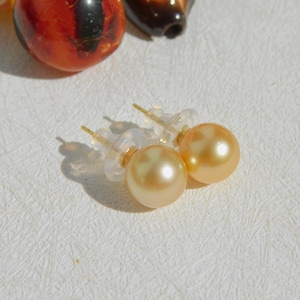10mm Golden South Sea Pearl Studs | AAA | Round | Solid 18K Yellow Gold Studs | Golden Pearl Studs | Gold Pearl | Saltwater Pearls