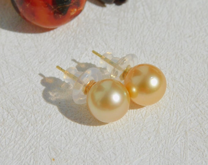 10mm Golden South Sea Pearl Studs | AAA | Round | Solid 18K Yellow Gold Studs | Golden Pearl Studs | Gold Pearl | Saltwater Pearls