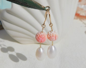 Freshwater Pearl and Pink Queen Conch Shell Earrings | 10mm | Solid 18kt Yellow Gold | AAA | Teardrop Pearl Earrings | Drop Earrings | White