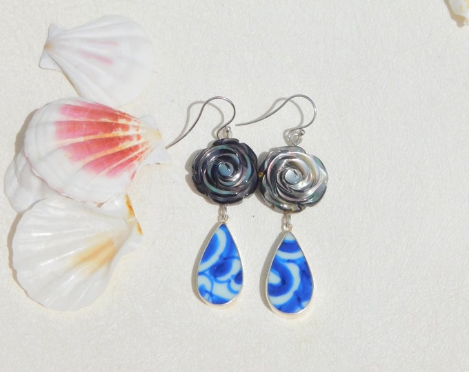 Qing Dynasty Broken China with Black Mother-of-Pearl Rose Earrings |  Sterling Silver | Chinese Shard Porcelain | Vintage Pottery Shard