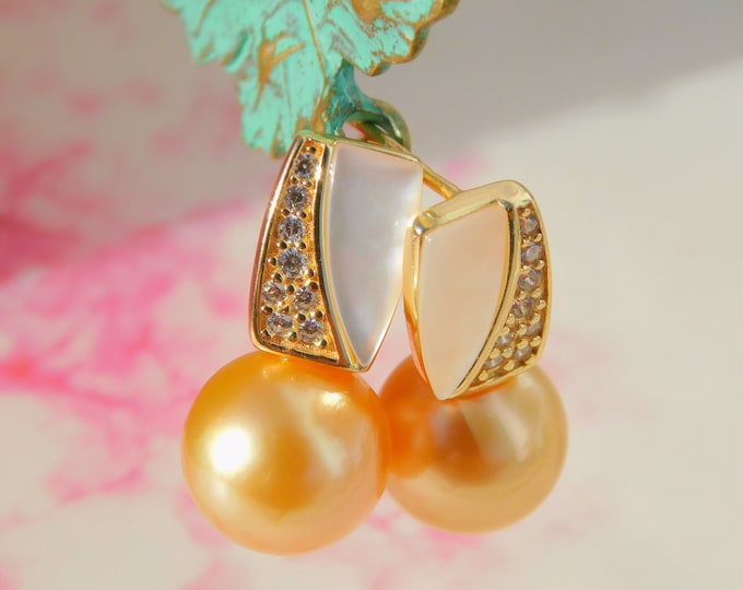 Vermeil Golden South Sea Pearl Earrings | Mother of Pearl | AAA | Medium Golden Tone | Saltwater Pearls | 10mm | Round