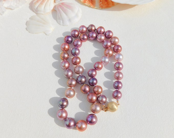 19.5 Inches Metallic Multi-color Freshwater Pearl Necklace | Round | AAA+ | Mauve | Purple | Plum | Pink | Mauve Pink | Solid 14kt Gold
