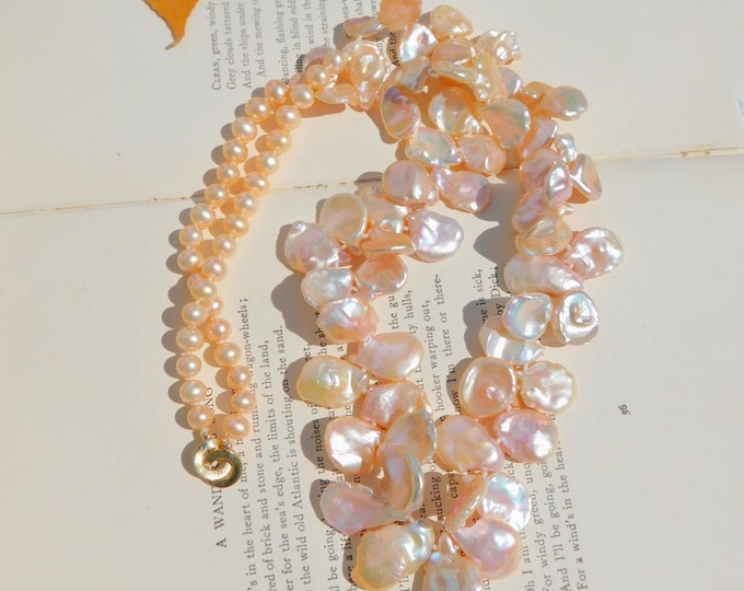 28 Inches Petal Pearl Necklace | Pale Peachy Pink Baroque Pearl | Chinese Freshwater | Bold | Long Necklace | Vermeil Clasp