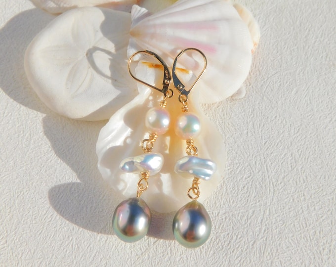 Akoya Freshwater Keshi and Tahitian Pearl Earrings | Freshwater + Tahitian  | Solid Yellow Gold | Multi Pearl Drop Earrings | Lever-back