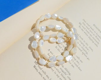 Iridescent Mother of Pearl Beaded Necklace | Shell Necklace | White | Choker Necklace | Gold Filled Toggle Clasp | 17.5 Inches | Teardrops