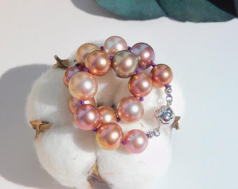 Super Metallic Freshwater Pearl Bracelet | Round | 8.8-10.6mm | 6.25 -6.5 inches Wrist Size | Sterling Silver Clasp | Pink | Mauve