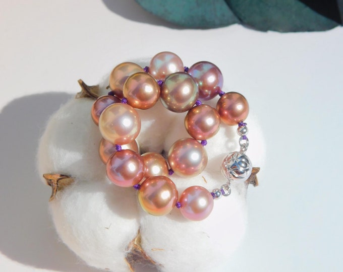 Super Metallic Freshwater Pearl Bracelet | Round | 8.8-10.6mm | 6.25 -6.5 inches Wrist Size | Sterling Silver Clasp | Pink | Mauve