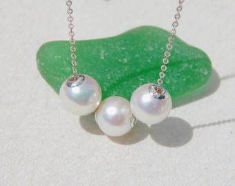 Three White Freshwater Pearl Chain Necklace | Floating Pearl Necklace | 9mm | AAA+ | Solid 18kt White Gold Pin-end Chain | Adjustable