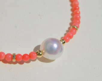 Dainty Hot Pink Coral Necklace with Akoya Pearl | 3.2mm | Round | Solid 14kt/18kt Yellow Gold | Natural Coral | White with Pink | AAA