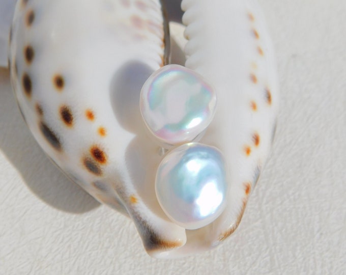13.5mm Freshwater Keshi Pearl Studs | Super Luster | Solid 18k Gold Studs | Metallic | Large Keshi Studs | Free formed Pearl Studs | White