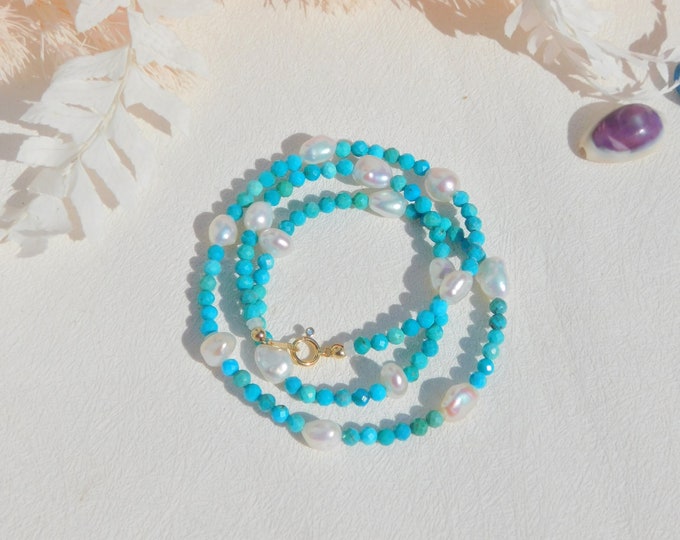 Arizona Turquoise with Freshwater Keshi Pearl Necklace | Bright Teal | 3.5mm | Solid 18kt Yellow Gold | 17.75 Inches | Gemstone with Pearls