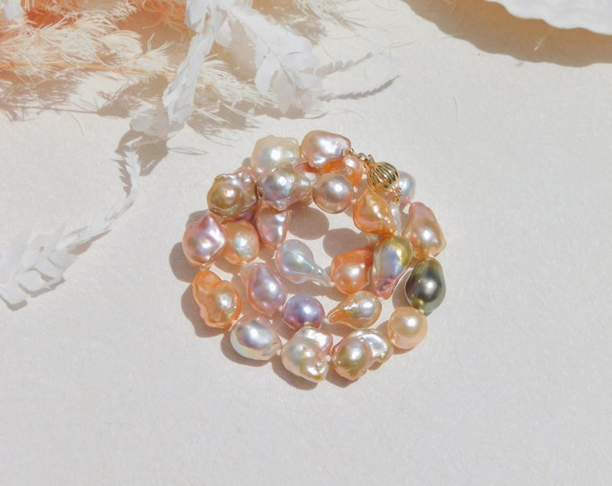 Soft Tone Metallic Freshwater Baroque Pearl Necklace | One Piece Tahitian Pearl | Choker Necklace | 17 Inches | Pink | Mauve | Pistachio