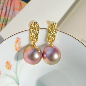 Vermeil Metallic Freshwater Pearl Earrings AAA Mauve Pink Near Round 11.4mm Yellow Gold over Silver Metallic image 1