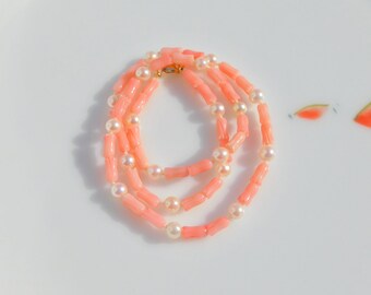 RESERVED for H | Coral Pink Queen Conch Shell and Akoya Pearl Necklace | Carved Bell-shaped Flowers | Solid 18k Yellow Gold Clasp