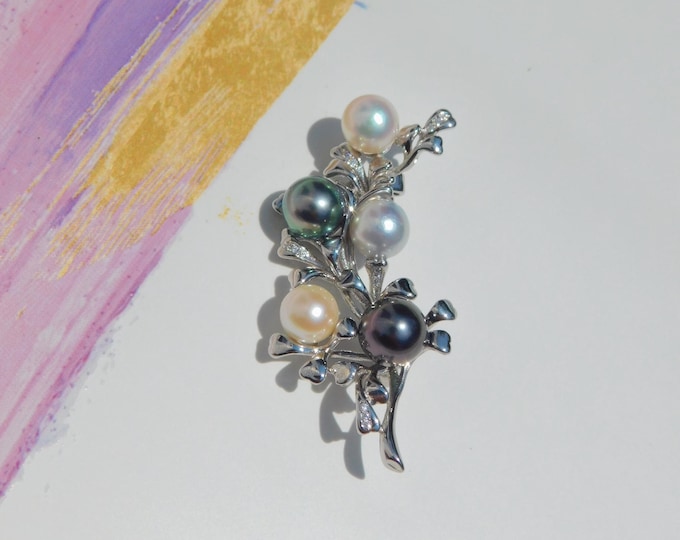 Tree Brooch | Sterling Silver Tree with Multi-color Saltwater Pearls | White Gold over Silver | Pearl Pin |  Tahitian Pearls | Akoya | AAA
