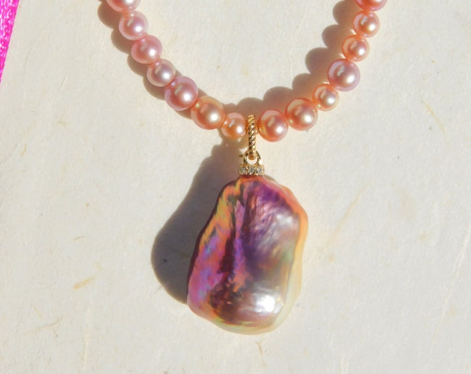 Colorful Petite Freshwater Pearl Pendant Necklace | 3.7-5mm | Solid 18kt Yellow Gold | Tiny Diamonds | 24 Inches | Pink | Peach | Mauve