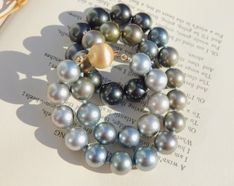 11-14mm Ombré Tahitian Pearl Necklace | AAA | Round | Black Pearls | 19 Inches | Pastel Gray | Black | South Sea Pearl | Solid 14kt Gold