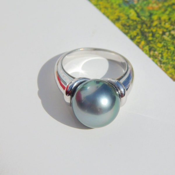 AAA 12.5mm Tahitian Pearl Sterling Silver Ring | Medium Silver Blue Green | Round | Unisex | Size 6.75 US | South Sea Pearl Ring | Gray