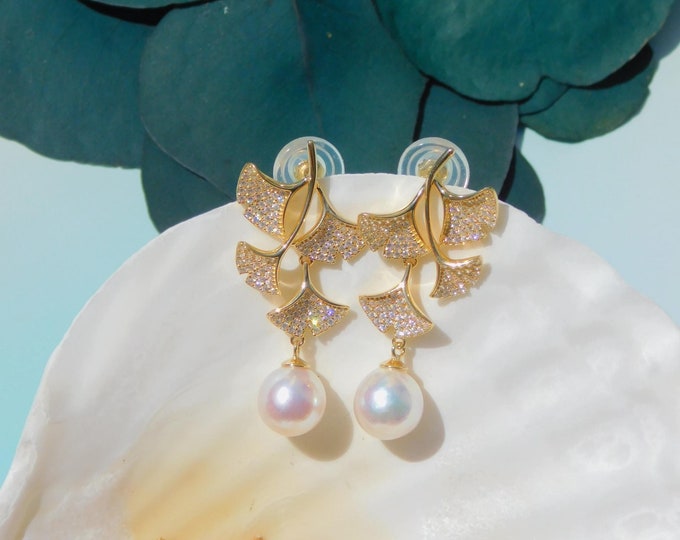 Long Ginkgo Leaf Akoya Pearl Earrings | 9.6mm | AAA | White with Pink Overtone | Near Round | Japanese Saltwater Pearl | Gold Plated Silver
