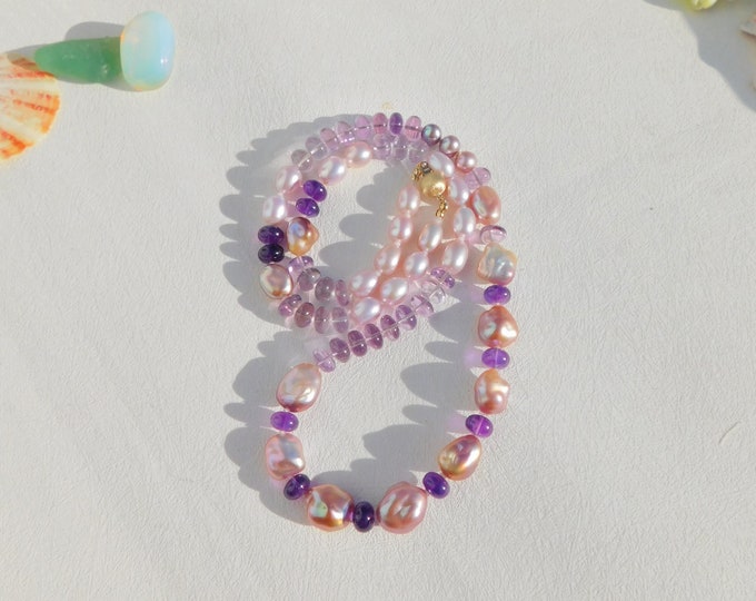 24 Inches Ombre Freshwater Keshi Pearl Necklace | Ombre Smooth Amethyst | AAA | Shades of Purple | Solid 14kt Clasp | Gemstone and Pearls