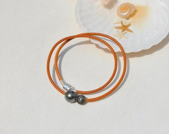 Leather and Tahitian Pearl Necklace | Carved Black Pearl | 10.6mm and 13.3mm | Tan Brown Leather Cord | Pearl and Leather | Unisex | 18.5''