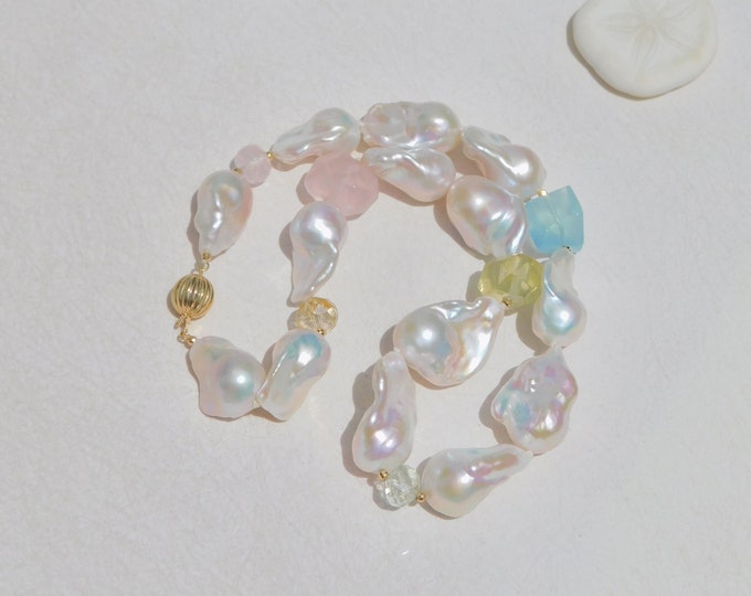 Large Baroque Freshwater Pearl Necklace | Aquamarine Morganite | Very High Luster | AAA+ | Solid 18kt/9kt Gold | 18 Inches | Pink | Blue