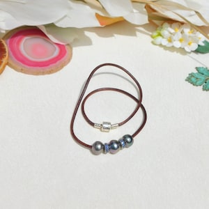 Leather and Tahitian Pearl Necklace | Three Tahitian Pearls | 12.6mm  | Pearl and Leather Choker | Black Pearl | Unisex | AAA | 17 Inches