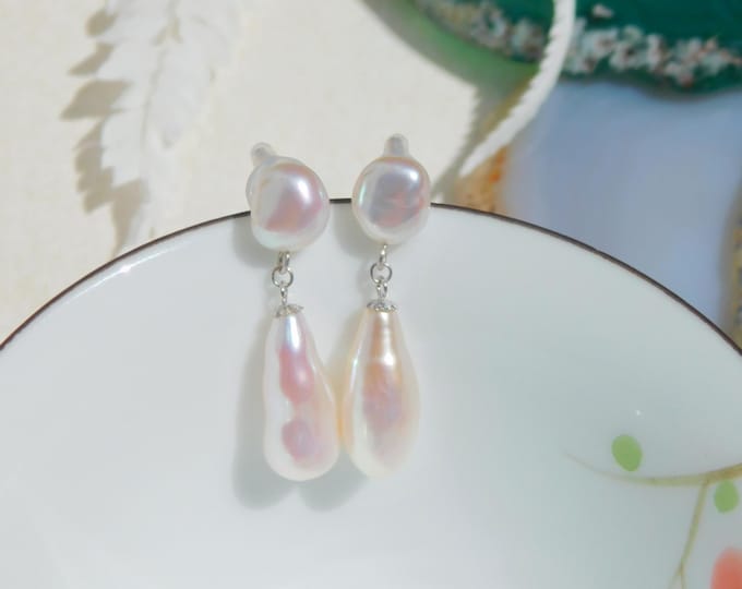 Double Freshwater Keshi Pearl Earrings | Solid 18k White Gold | Baroque Pearls | Super Luster | White with Pink | Multi Pearl Drop Earrings
