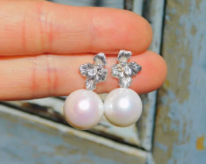 14mm White Freshwater Pearl Textured Leaf Earrings | AAA | Round |  Solid 9K White Gold | Large Pearl Earrings | White with Pink Overtone